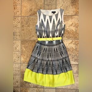Tahari ASL Black and White Patterned Dress with Yellow Accents